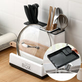 Compact countertop organizer with shelves for dishes and appliances.