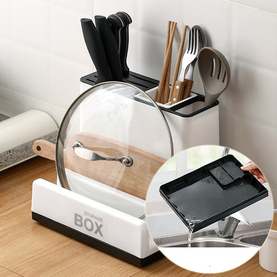 Compact countertop organizer with shelves for dishes and appliances.