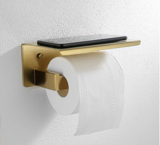 Luxury gold towel bar and hook set with a sleek, brushed finish.