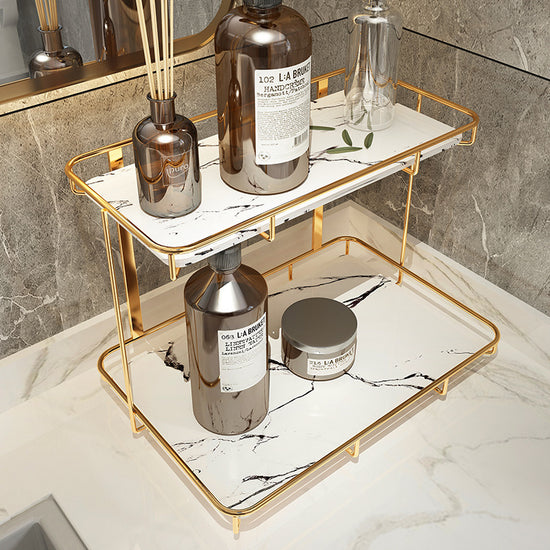 Modern floating bathroom shelf mounted on tile wall