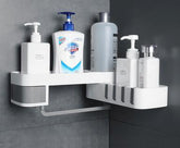 Stainless steel corner shelf in modern bathroom