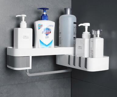 Stainless steel corner shelf in modern bathroom
