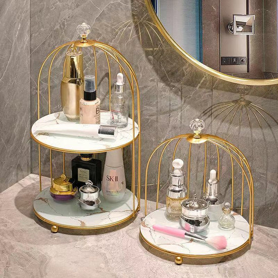 Compact bathroom vanity organizer in gold and white finish