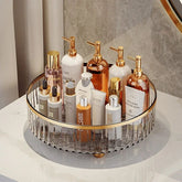 Compact and stylish skincare storage stand for vanity or bathroom use.