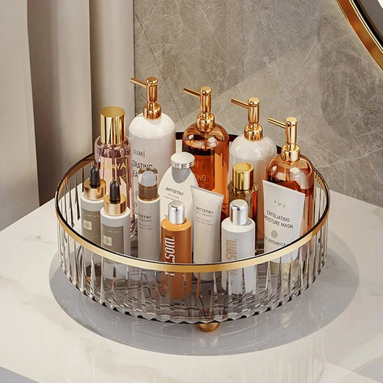 Compact and stylish skincare storage stand for vanity or bathroom use.