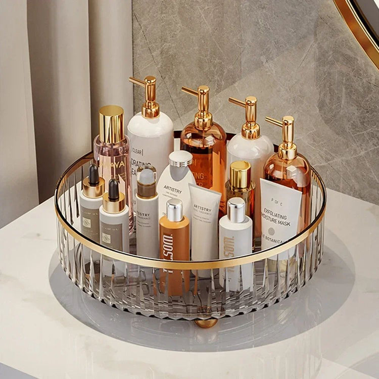 Compact and stylish skincare storage stand for vanity or bathroom use.