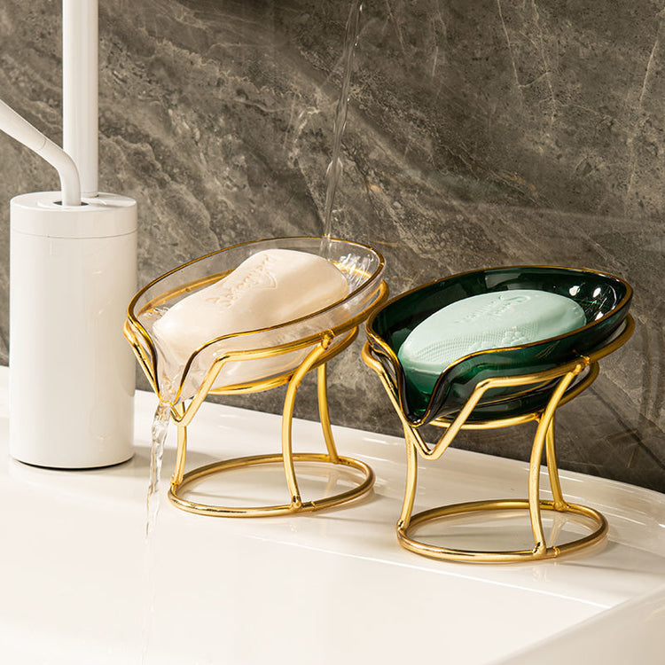 Close-up of drain soap holder in light luxury finish