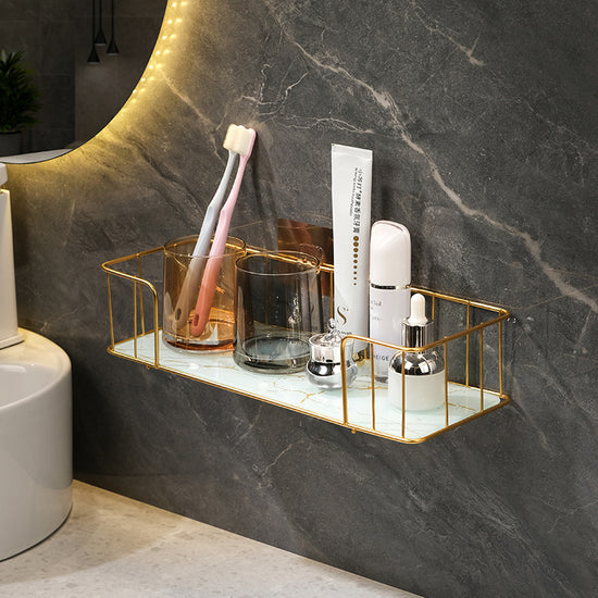Bathroom essentials organized on light luxury wall rack