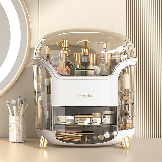 Elegant beauty organizer case holding skincare bottles, brushes, and cosmetics.