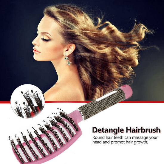Woman using tangle-free hairbrush on long hair